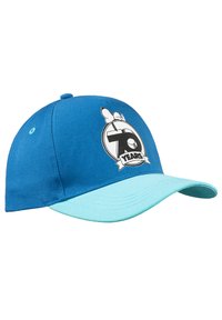 Gorra de béisbol de algodón azul con visera azul clara. Presenta un logo circular en blanco y negro que dice "70 AÑOS" en la parte frontal.