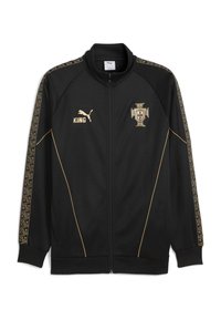 Μαύρο αθλητικό μπουφάν με χρυσές λεπτομέρειες, διαθέτει φερμουάρ μπροστά, ριμπ μανσέτες και ριγέ μοτίβα κατά μήκος των μανικιών. Περιλαμβάνει κεντημένο λογότυπο.