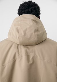 Beige hooded jacket with a smooth texture, featuring a high collar and seam accents on the back. Minimalistic design with no visible logos.