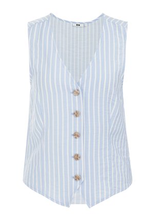 Light blue sleeveless top with a deep V-neck, vertical white stripes, and a five-button front closure featuring natural wood buttons.