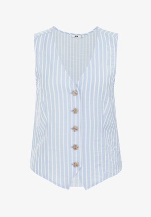 Ljusblå ärmlös topp med djup V-ringning, vertikala vita ränder och en femknapps framknäppning med naturliga träknappar.
