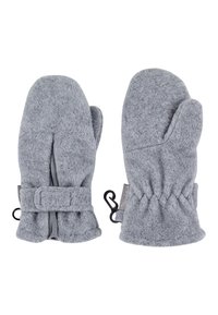 Graue Fleece-Handschuhe mit konturiertem Design, verstellbarem Handgelenkriemen und elastischem Bündchen. Glatte Textur mit Nähdetails.