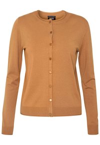 Cardigan in maglia marrone con scollo rotondo, maniche lunghe e chiusura frontale con bottoni, caratterizzata da dettagli a forma di bottone circolare. Texture liscia.