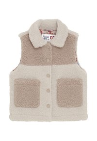 Kamizelka polarowa z kołnierzykiem; kolorowe bloki w odcieniach kremowym i beżowym; dwie kieszenie z przodu; zatrzaski; strukturalny materiał na całej powierzchni.