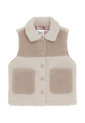 Fleece vest met een kraag; crèmekleurige en beige kleurvlakken; twee voorklauwen; drukknoopsluitingen; stof met textuur overal.