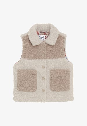 Kamizelka polarowa z kołnierzykiem; kolorowe bloki w odcieniach kremowym i beżowym; dwie kieszenie z przodu; zatrzaski; strukturalny materiał na całej powierzchni.