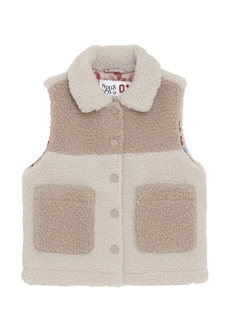 Kamizelka polarowa z kołnierzykiem; kolorowe bloki w odcieniach kremowym i beżowym; dwie kieszenie z przodu; zatrzaski; strukturalny materiał na całej powierzchni.