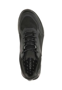 Black athletic shoe featuring a mesh upper, rubber sole, grey laces, and a padded collar. The inside has a patterned insole with brand logo.