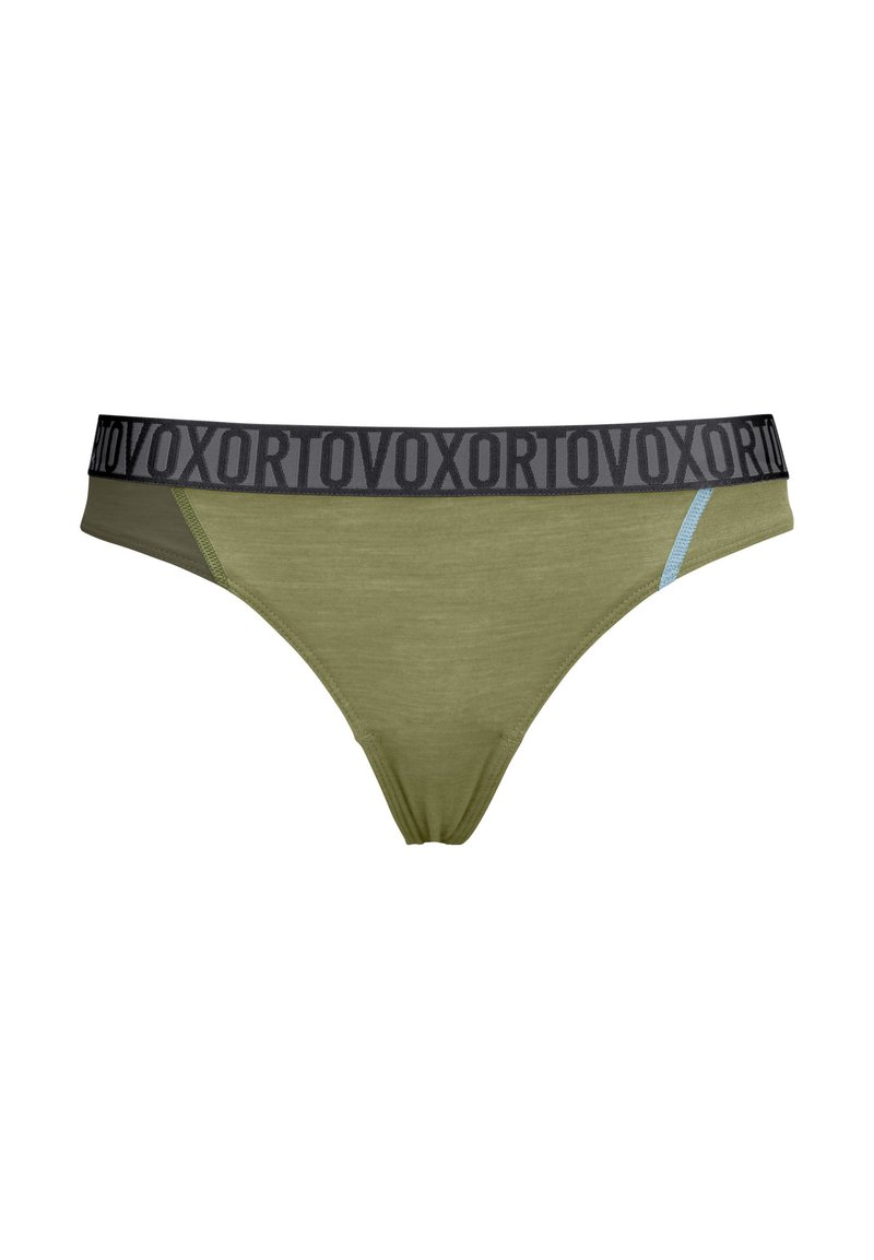 Olivgrüner Tanga mit einem schwarzen Bund, auf dem ein sich wiederholendes Logo zu sehen ist. Glatte Textur und minimalistisches Design mit einem hellblauem Akzent.