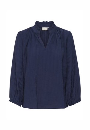Blusa blu navy con colletto fantasioso arricciato, texture plissettata e maniche lunghe a palloncino. Presenta un collo a V. Tessuto leggero.