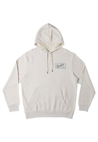 Beige hooded sweatshirt with a front pocket, drawstring hood, and logo patch on the left chest area. Soft, textured fabric finish.