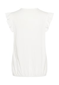 Biała bezrękawnik z falbankami na ramionach i elastycznym wykończeniem, wyeksponowany na jednolitym tle.