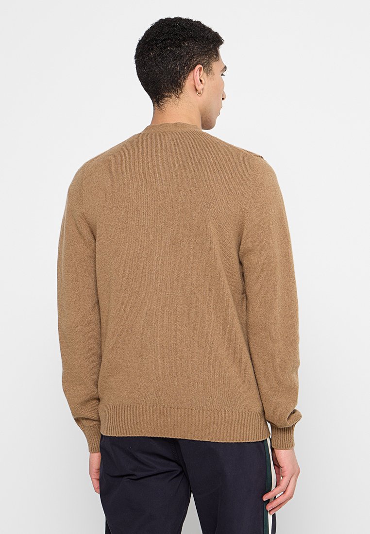 Pull en tricot marron avec un col rond, des poignets et une finition côtelés. Texture douce sans motifs ni accents visibles. Vue arrière présentée.