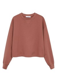 Różowa, przycięta bluza z okrągłym dekoltem, ściągaczami na mankietach i miękką fakturą. Posiada subtelny detal w kształcie litery V przy szyi.