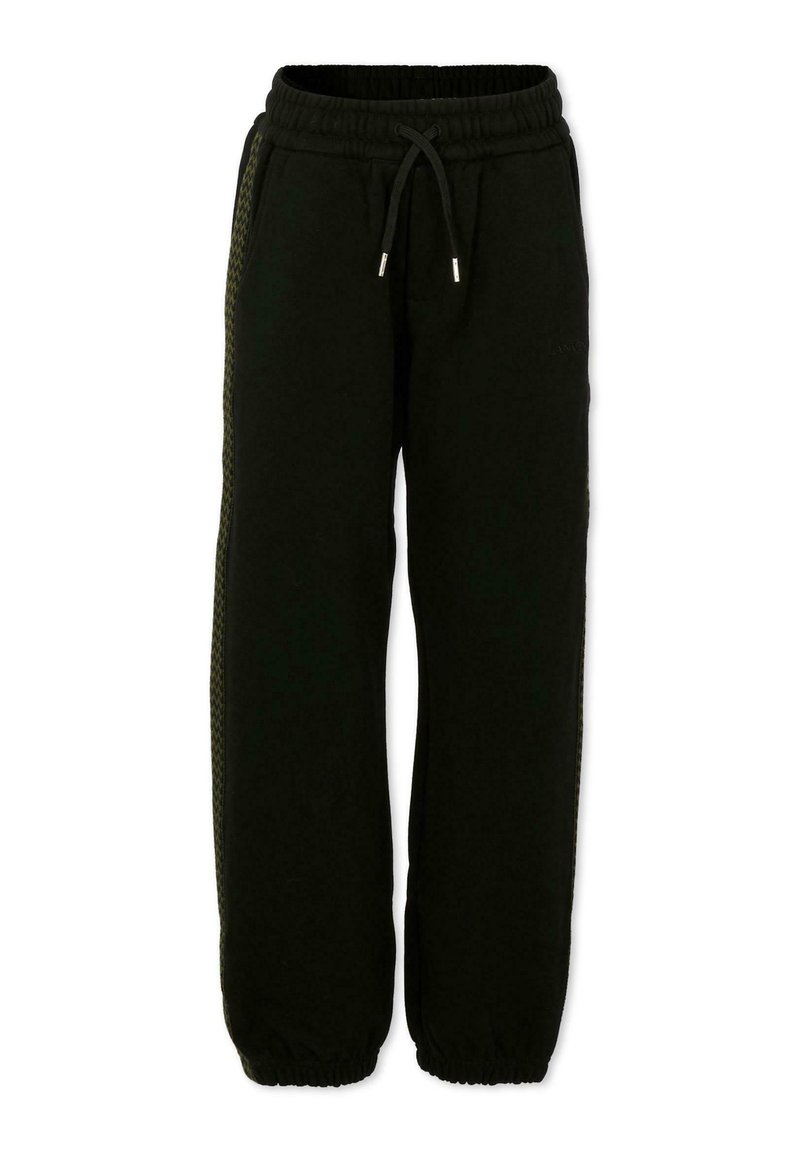 Zwarte joggingbroek met een elastische tailleband en trekkoord, voorzien van zijstrepen en elastische boorden bij de enkels.