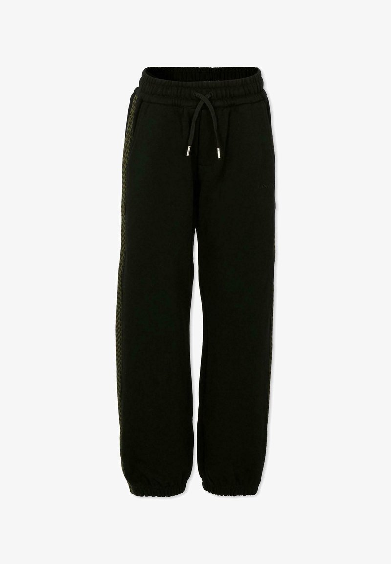 Zwarte joggingbroek met een elastische tailleband en trekkoord, voorzien van zijstrepen en elastische boorden bij de enkels.