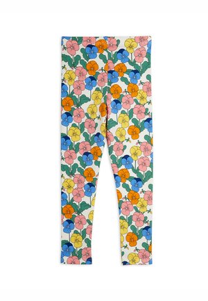 Leggings i børnestørrelse med et multifarvet blomsterprint, herunder pink, orange, gule og blå blomster med grønne blade på en hvid baggrund.