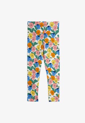 Legginsy dla dzieci w wielokolorowy kwiatowy wzór, w tym różowe, pomarańczowe, żółte i niebieskie kwiaty z zielonymi liśćmi na białym tle.