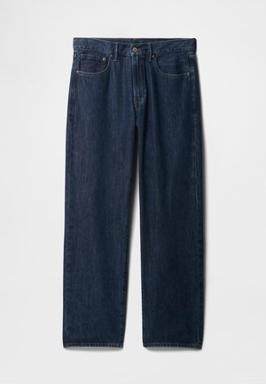 Jeans in denim blu scuro con taglio a gamba dritta, cinque tasche, chiusura con bottone superiore e cuciture visibili lungo le cuciture.