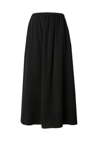 Zwarte maxi rok van lichte stof, met een elastische tailleband en een vloeiende, A-lijn silhouet, zonder zichtbare patronen of accenten.