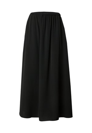 Jupe maxi noire en tissu léger, dotée d'une taille élastique et d'une silhouette fluide en A, sans motifs ni accents visibles.