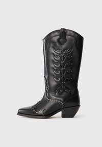 Stivali da cowboy in pelle nera con punta appuntita, cuciture decorative e borchie dorate lungo la suola. Tacco basso a blocco.