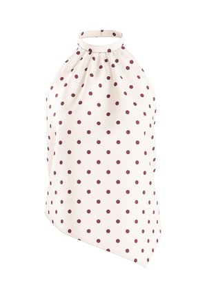 Weißes Neckholder-Top mit burgunderfarbenen Polka-Dots und asymmetrischem Saum, mit gerafftem Ausschnitt und Nackenriemen.