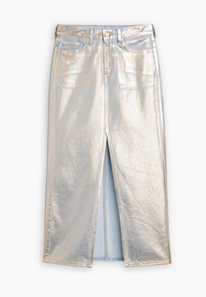 Silver metallic denim skirt with front slit, two pockets, and a button closure. Features glossy texture and contrasting blue stitching.
