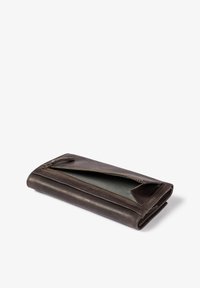 Brown leather wallet with a zipper closure, featuring a green interior lining, folded design, and minimal hardware accents.