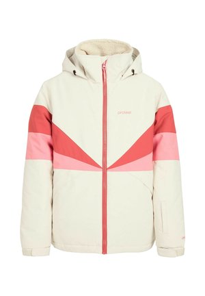 Chaqueta de invierno crema con franjas en forma de chevrón en rosa y coral, cremallera frontal, capucha y forro de polar dentro del cuello.