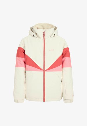 Veste d'hiver crème avec des rayures chevrons roses et corail, fermeture éclair à l'avant, capuche et doublure en polaire à l'intérieur du col.