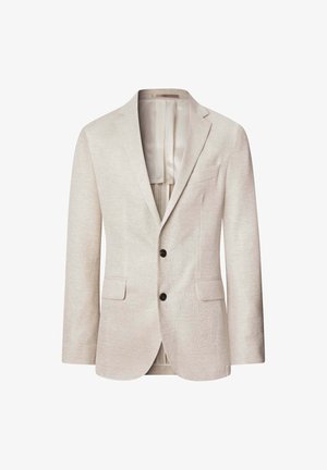 Beige textuur blazer met twee voorzakken en twee zwarte knopen. Voorzien van een subtiel patroon en een licht satijnen binnenvoering.