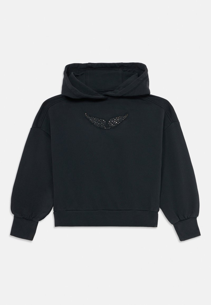 Melna saīsināta kapucīna džemperis ar kapuci, garām pūkainām piedurknēm un mazu sekvīnu spārnu dizainu uz krūškurvja.