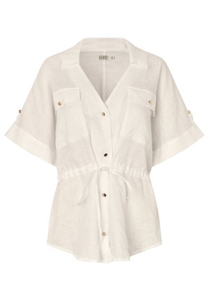 Chemise blanche à manches courtes avec boutons, col, deux poches poitrine, cordon de serrage ajustable à la taille et pattes de manches roulées avec boutons.
