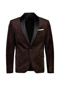 Blazer in suede marrone con revers in raso nero, chiusura a un bottone, due tasche e una fodera interna liscia.