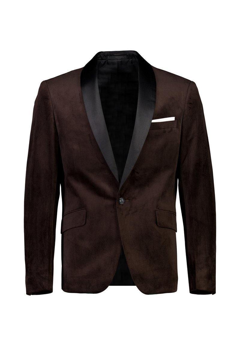 Blazer in suede marrone con revers in raso nero, chiusura a un bottone, due tasche e una fodera interna liscia.