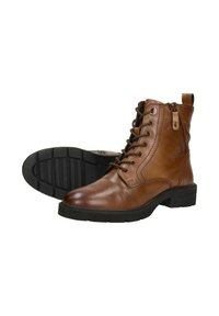 Bruine leren enkellaarzen met een gladde textuur, vetersluiting, een zijrits en een rubberen zool met een gestructureerd treadpatroon.