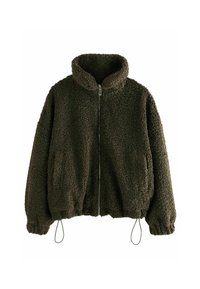 Olivgrüne Fleecejacke mit hohem Kragen, Reißverschluss vorne, elastischen Bündchen und Kordelzug am Saum. Weiches, strukturiertes und oversized Design.