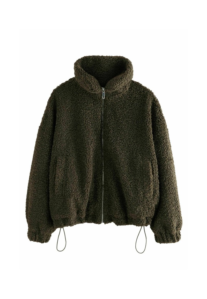Olivgrüne Fleecejacke mit hohem Kragen, Reißverschluss vorne, elastischen Bündchen und Kordelzug am Saum. Weiches, strukturiertes und oversized Design.
