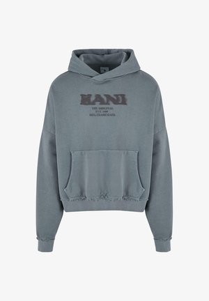 Übergrößen grauer Hoodie aus weichem Stoff, mit einer Fronttasche und Textlogo. Das Design umfasst gerippte Bündchen und fransige Saumdetails.