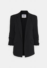 Czarna żakietowa marynarka z marszczonymi rękawami, klapami i przednimi kieszeniami z klapami, wyłożona płasko z widoczną metką marki wewnątrz kołnierza.