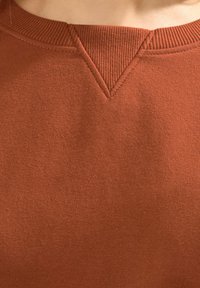 Sweter w kolorze rdzy z prążkowanym okrągłym dekoltem i trójkątnym detalem na przodzie. Wykonany z miękkiego, teksturowanego materiału.