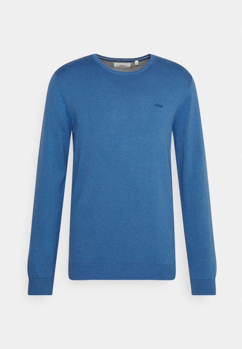 Blauer Rundhalsausschnitt-Pullover aus weichem Stoff. Lange Ärmel mit Rippbündchen und Saum. Kleines Logo auf der linken Brust gestickt.
