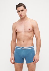 Boxers en coton bleu avec une coupe ajustée, dotés d'une ceinture élastique contrastante avec des rayures grises et un texte logo.