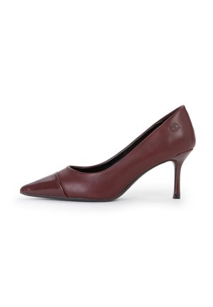 Burgundy leather high-heeled pump with a pointed toe, discreet toe cap detailing, and a slim stiletto heel. Black inner lining.
