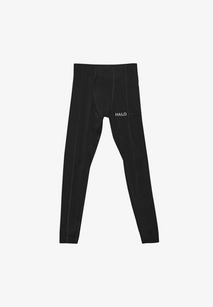 Schwarze Leggings mit glatter Textur, mit einem HALO-Logo, kontrastierenden Nählinien und einer Tasche auf der rechten Seite.