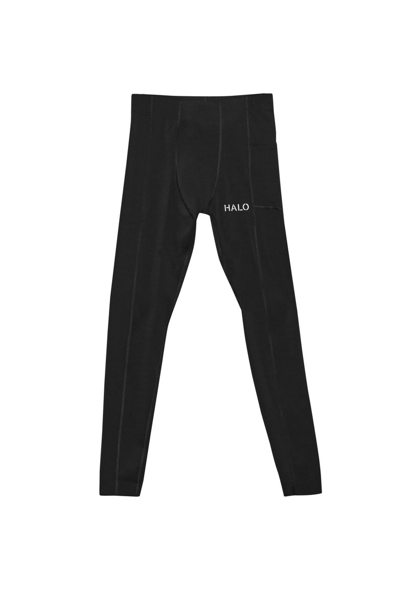 Svarta leggings med en slät yta, som har en HALO-logotyp, kontrasterande sömmar och en ficka på högra sidan.