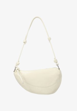 Kremfarvet skuldertaske i læder formet som en halvmåne med knyttet rem og lynlås.