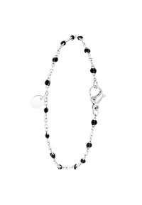 Zilveren armband met zwarte kralen, voorzien van een kreeftsluitingen en een klein rond label, met een delicate kettingontwerp.