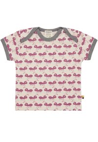 T-shirt per bambini in cotone, con un motivo ripetuto di formiche viola su fondo crema, rifinito con bordi grigi sul collo e sulle maniche.